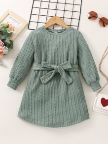 Toddler Girls Solid Belted Dress - Green - View 1