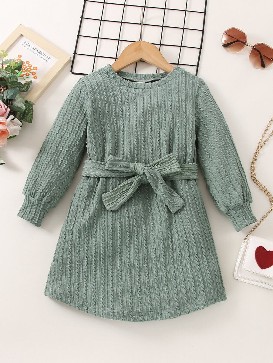 Toddler Girls Solid Belted Dress - Green - View 1