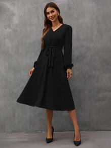 SHEIN Clasi 燈籠袖繫腰帶洋裝 - 黑色 - 查看 3