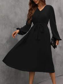 SHEIN Clasi 燈籠袖繫腰帶洋裝 - 黑色 - 查看 4