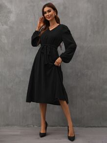 SHEIN Clasi 燈籠袖繫腰帶洋裝 - 黑色 - 查看 5