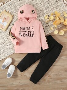 SHEIN Toddler Girls Letter Graphic Leopard Side Seam Hoodie & Sweatpants - Multicolor - View 1