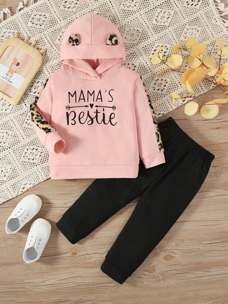 女の子幼児 文字グラフィック ヒョウ柄 サイドシーム パーカー＆スウェットパンツ