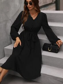 SHEIN Clasi 燈籠袖繫腰帶洋裝 - 黑色 - 查看 6