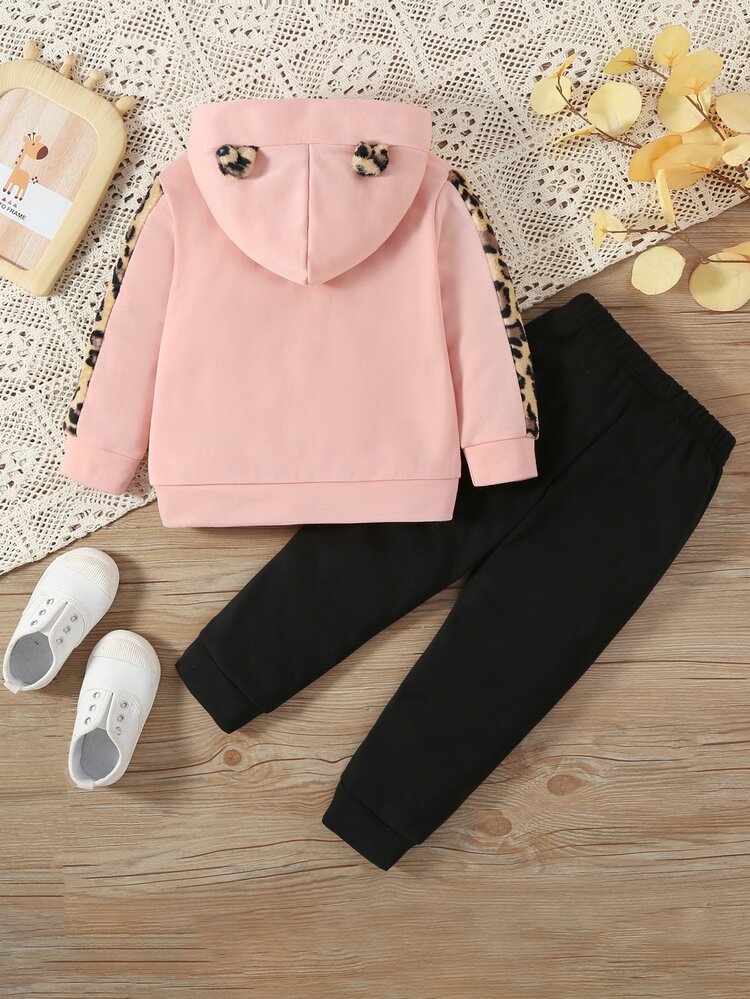 女の子幼児 文字グラフィック ヒョウ柄 サイドシーム パーカー＆スウェットパンツ