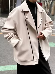 Manfinity Homme Men's Loose Fit Drop Shoulder Zip Up Going Out Casual Overcoat, For Friends, Husband, Boyfriend Gifts - Apricot - View 1