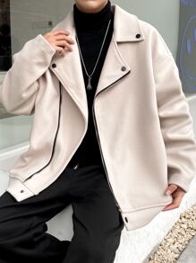 Manfinity Homme Men's Loose Fit Drop Shoulder Zip Up Going Out Casual Overcoat, For Friends, Husband, Boyfriend Gifts - Apricot - View 4