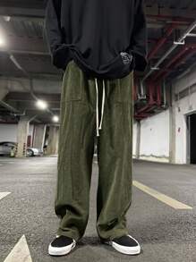 Manfinity Hypemode 男士腰部抽繩燈芯絨長褲 - 軍綠色 - 查看 2