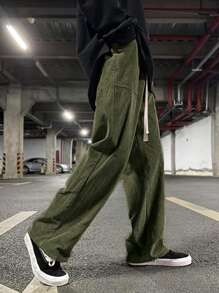 Manfinity Hypemode 男士腰部抽繩燈芯絨長褲 - 軍綠色 - 查看 4