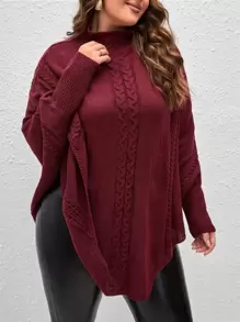 SHEIN LUNE Plus Size Women Solid Color Knitted Turtleneck Batwing Sleeve Poncho Sweater, Elegant For Commute, Party, Vacation, Autumn/Winter - Burgundy - View 1