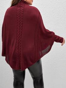 SHEIN LUNE Plus Size Women Solid Color Knitted Turtleneck Batwing Sleeve Poncho Sweater, Elegant For Commute, Party, Vacation, Autumn/Winter - Burgundy - View 2