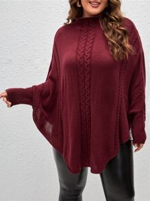 SHEIN LUNE Plus Size Women Solid Color Knitted Turtleneck Batwing Sleeve Poncho Sweater, Elegant For Commute, Party, Vacation, Autumn/Winter - Burgundy - View 3