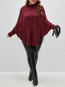 SHEIN LUNE Plus Size Women Solid Color Knitted Turtleneck Batwing Sleeve Poncho Sweater, Elegant For Commute, Party, Vacation, Autumn/Winter - Burgundy - View 4