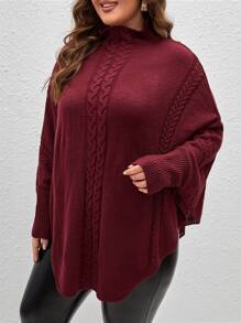 SHEIN LUNE Plus Size Women Solid Color Knitted Turtleneck Batwing Sleeve Poncho Sweater, Elegant For Commute, Party, Vacation, Autumn/Winter - Burgundy - View 5