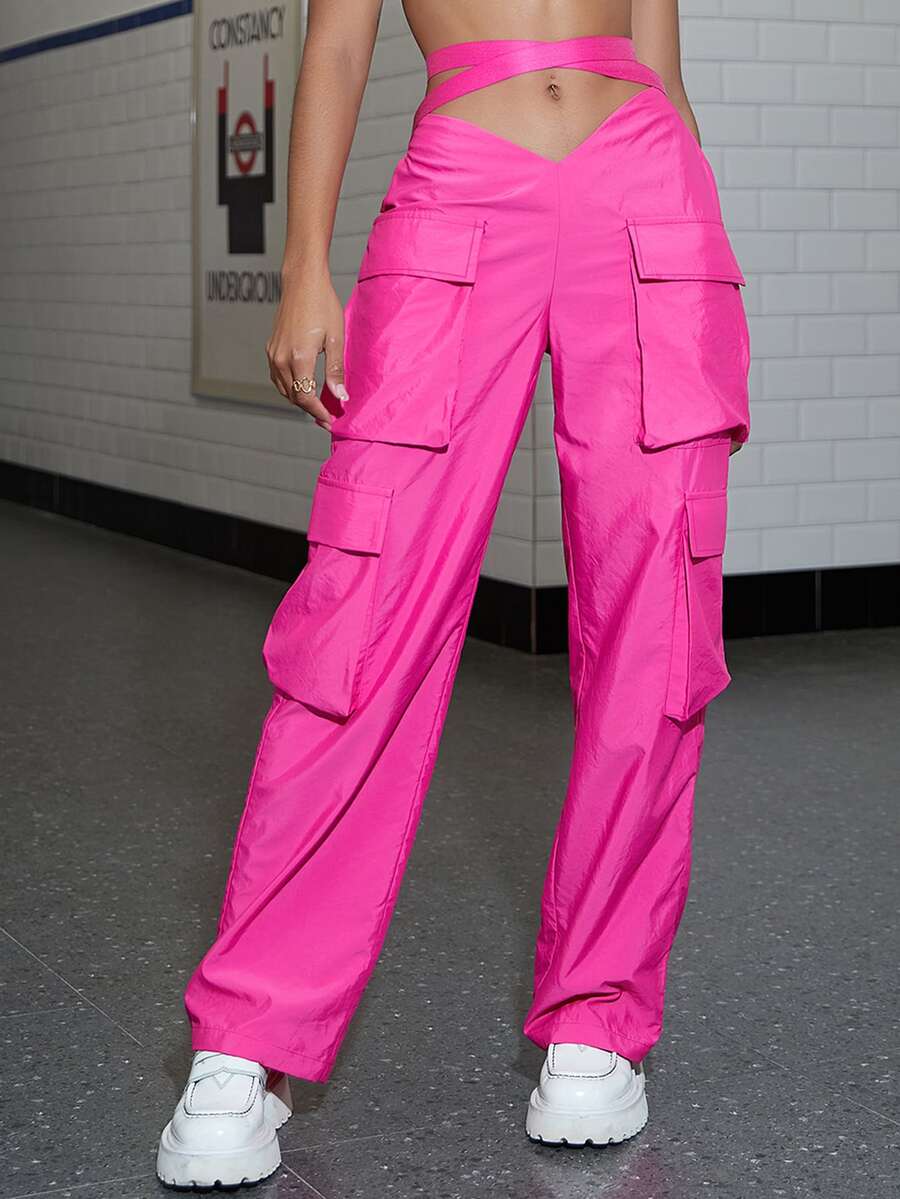 Tape Flap Pocket Side Cargo Trousers - Hot Pink - View 1