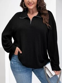 SHEIN Franclia 大碼落肩袖華夫格編織T恤 - 黑色 - 查看 1