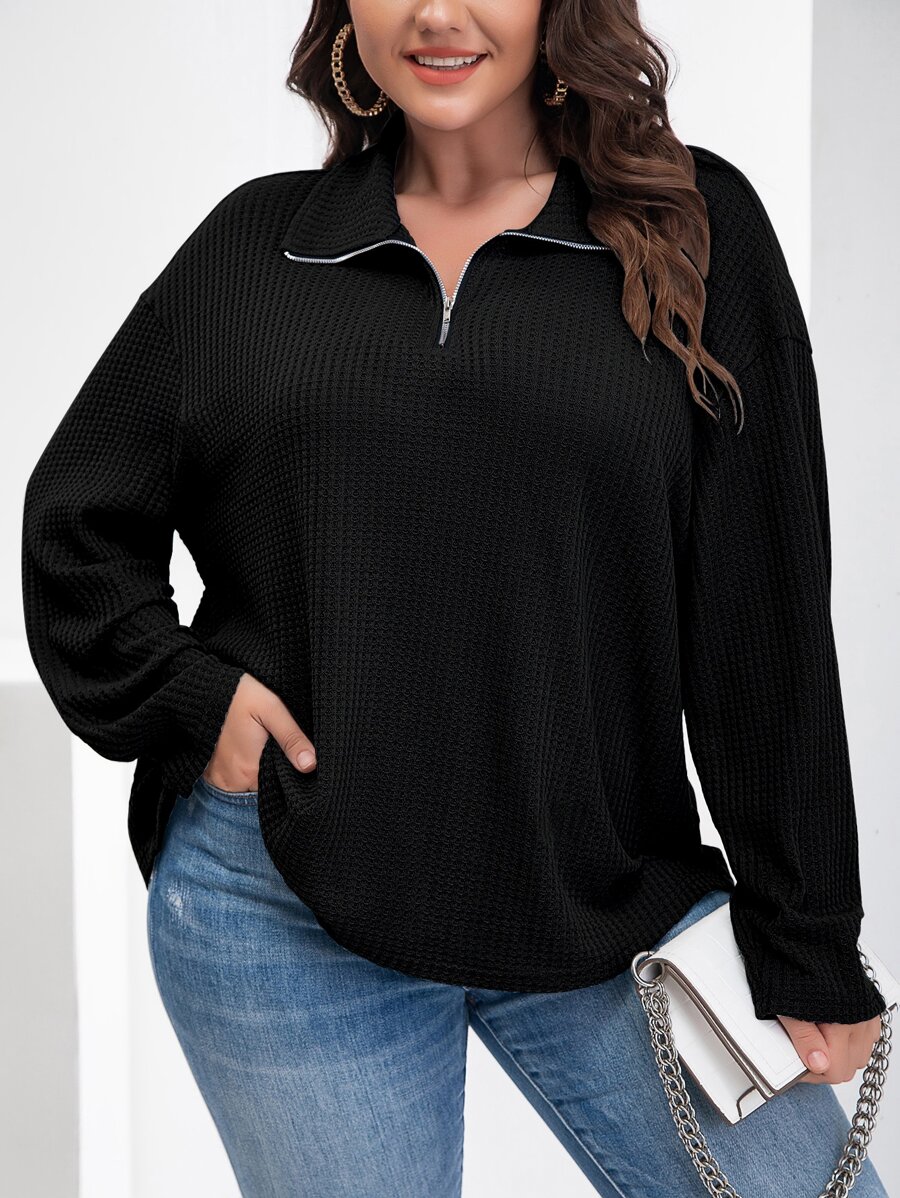 SHEIN Franclia 大碼落肩袖華夫格編織T恤 - 黑色 - 查看 1