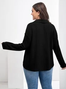 SHEIN Franclia 大碼落肩袖華夫格編織T恤 - 黑色 - 查看 2