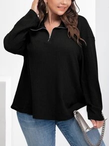 SHEIN Franclia 大碼落肩袖華夫格編織T恤 - 黑色 - 查看 4