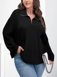 SHEIN Franclia 大碼落肩袖華夫格編織T恤 - 黑色 - 查看 5
