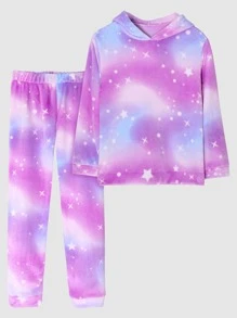 Girls Galaxy Print Hooded Top & Trousers PJ Set - Lilac Purple - View 1