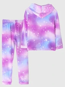 Girls Galaxy Print Hooded Top & Trousers PJ Set - Lilac Purple - View 2