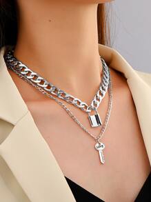 2pcs Lock & Key Charm Necklace - Silver - View 1