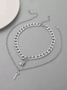 2pcs Lock & Key Charm Necklace - Silver - View 2