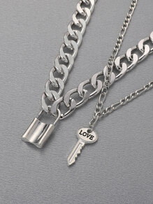 2pcs Lock & Key Charm Necklace - Silver - View 3