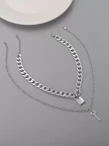 2pcs Lock & Key Charm Necklace - Silver - View 4