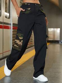 Camo Print Flap Pocket Side Cargo Trousers - Black - View 3