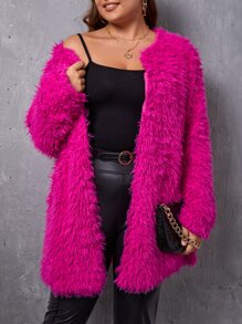 SHEIN Privé Plus Open Front Fuzzy Coat, For Winter - Hot Pink - View 1