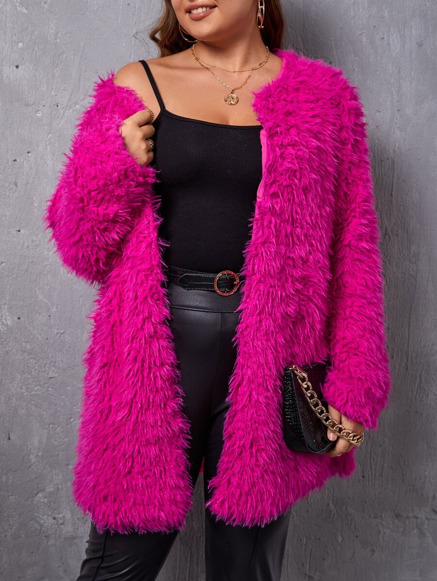 SHEIN Privé Plus Open Front Fuzzy Coat, For Winter - Hot Pink - View 1