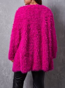 SHEIN Privé Plus Open Front Fuzzy Coat, For Winter - Hot Pink - View 2