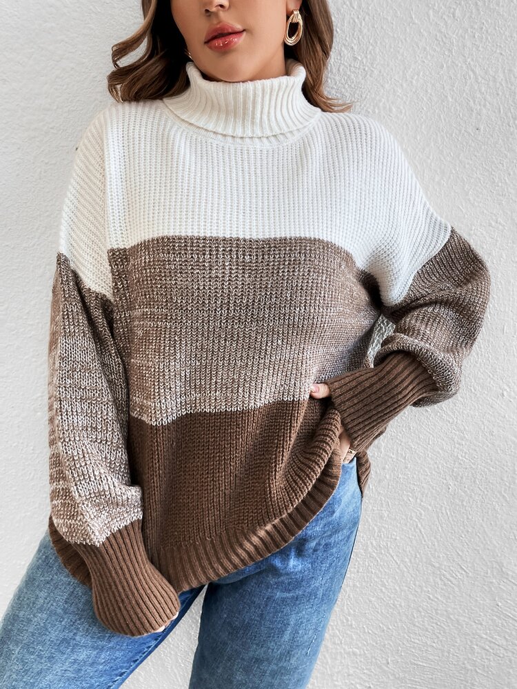 Plus Color Block Turtleneck Drop Shoulder Sweater Knit Pullover Fall Winter Autumn Sweater