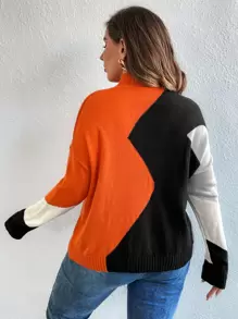 Calvaya 加大码撞色高领落肩针织套头衫秋冬毛衣 - 彩色 - 查看 2