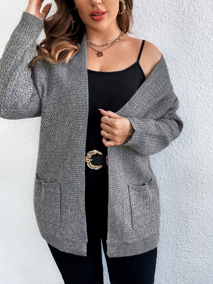 SHEIN LUNE Plus Drop Shoulder Pocket Patched Duster Cardigan, For Winter - Grey - View 1