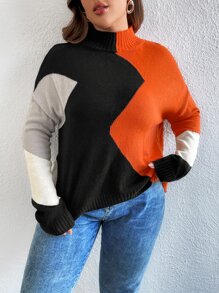 Calvaya 加大码撞色高领落肩针织套头衫秋冬毛衣 - 彩色 - 查看 4