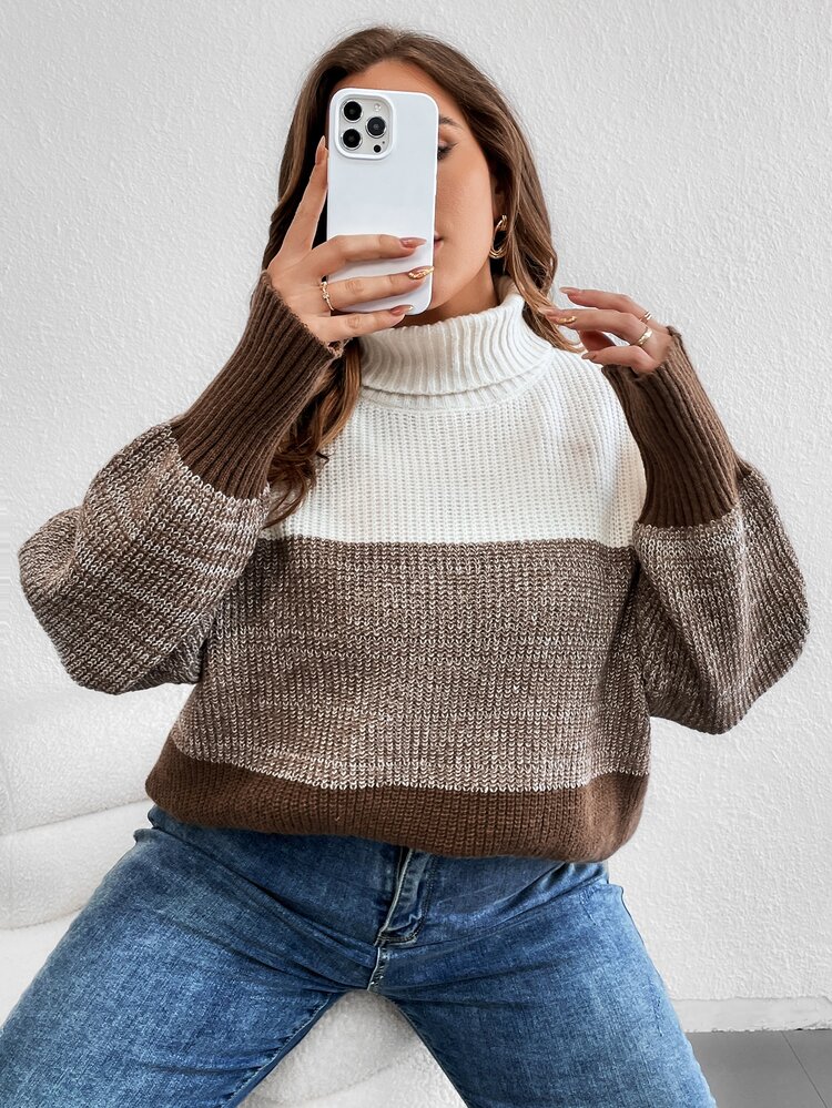 Plus Color Block Turtleneck Drop Shoulder Sweater Knit Pullover Fall Winter Autumn Sweater