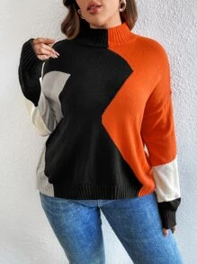 Calvaya 加大码撞色高领落肩针织套头衫秋冬毛衣 - 彩色 - 查看 6