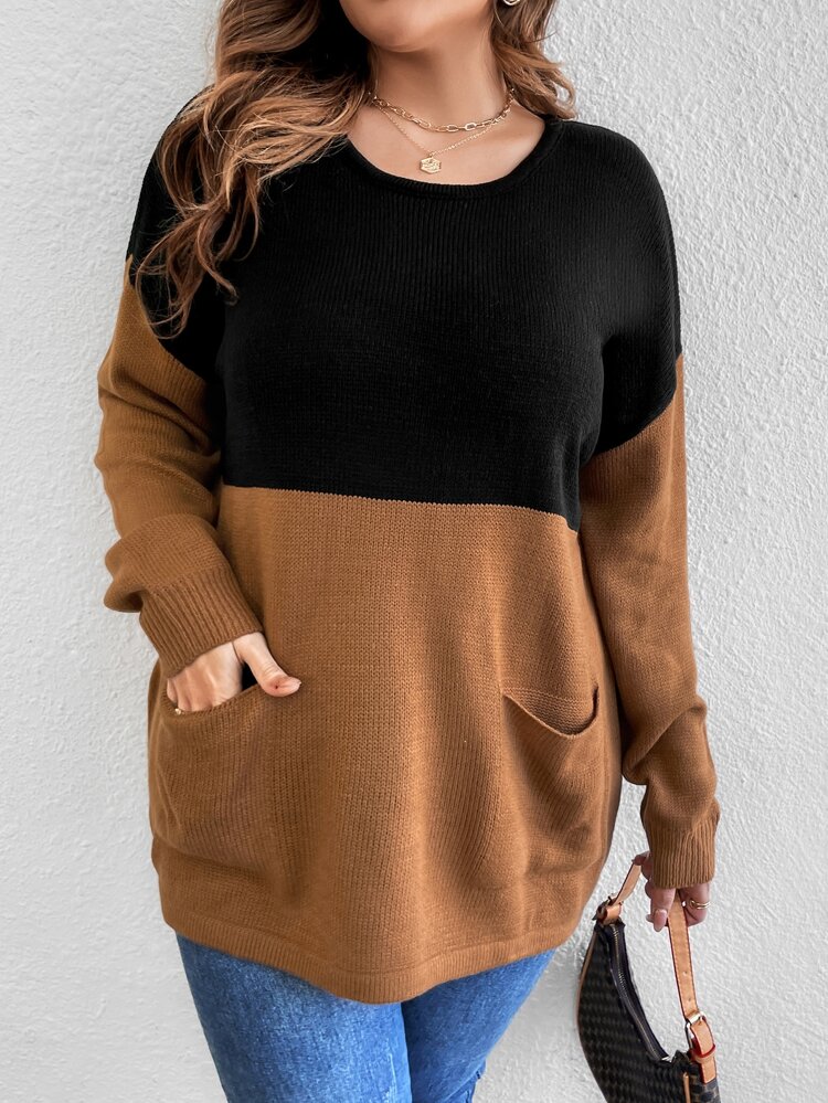 Plus Two Tone Dual Pocket Drop Shoulder Sweater, For Winter Knit Pullover Fall Autumn