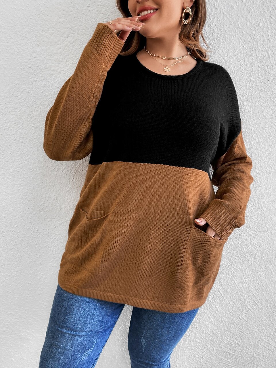 Plus Two Tone Dual Pocket Drop Shoulder Sweater, For Winter Knit Pullover Fall Autumn