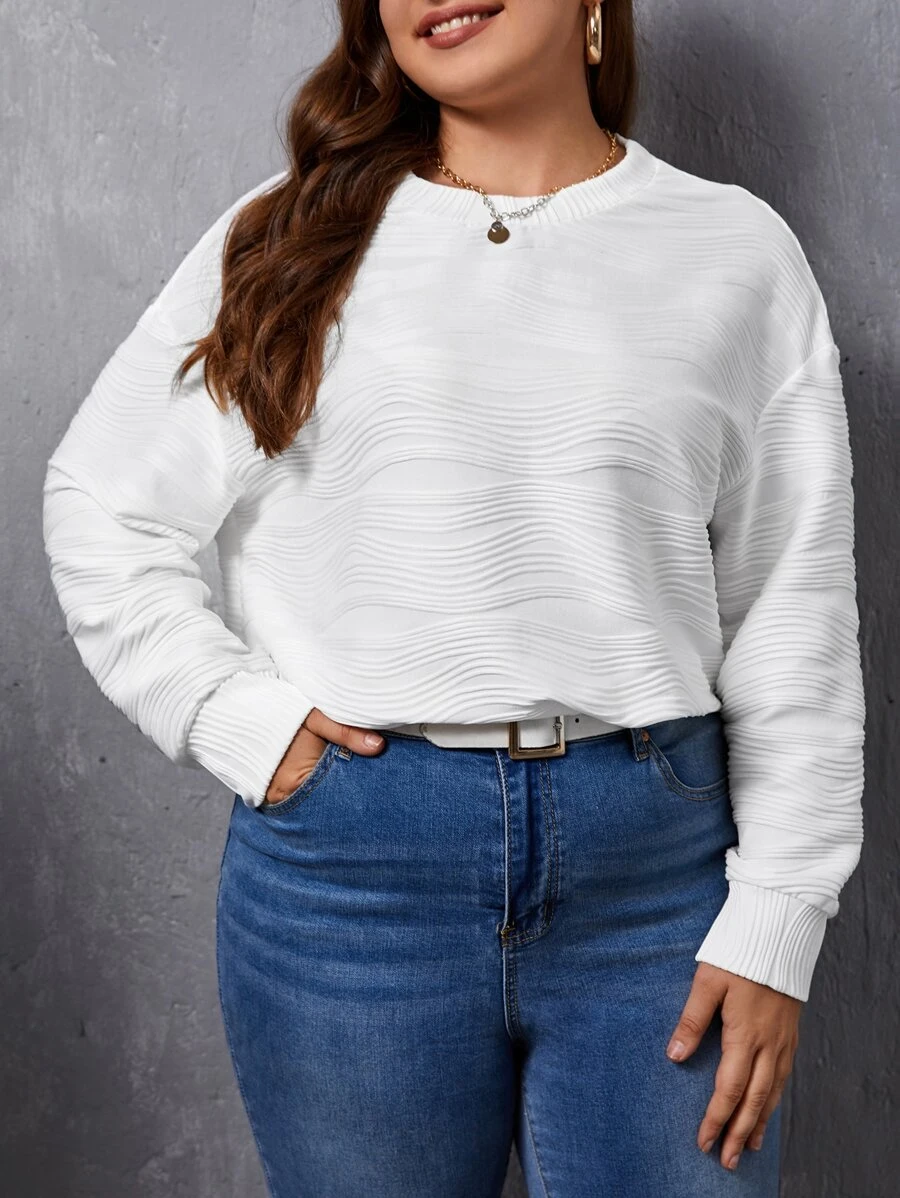 SHEIN Essnce Plus Solid Drop Shoulder Sweatshirt - White - View 1