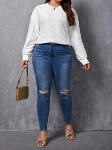 SHEIN Essnce Plus Solid Drop Shoulder Sweatshirt - White - View 4