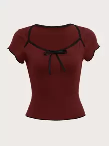 ROMWE Kawaii Áo thun nữ Xù nhỏ Tương phản ràng buộc màu trơn Giải trí - Đỏ - Xem 5