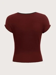 ROMWE Kawaii Áo thun nữ Xù nhỏ Tương phản ràng buộc màu trơn Giải trí - Đỏ - Xem 2