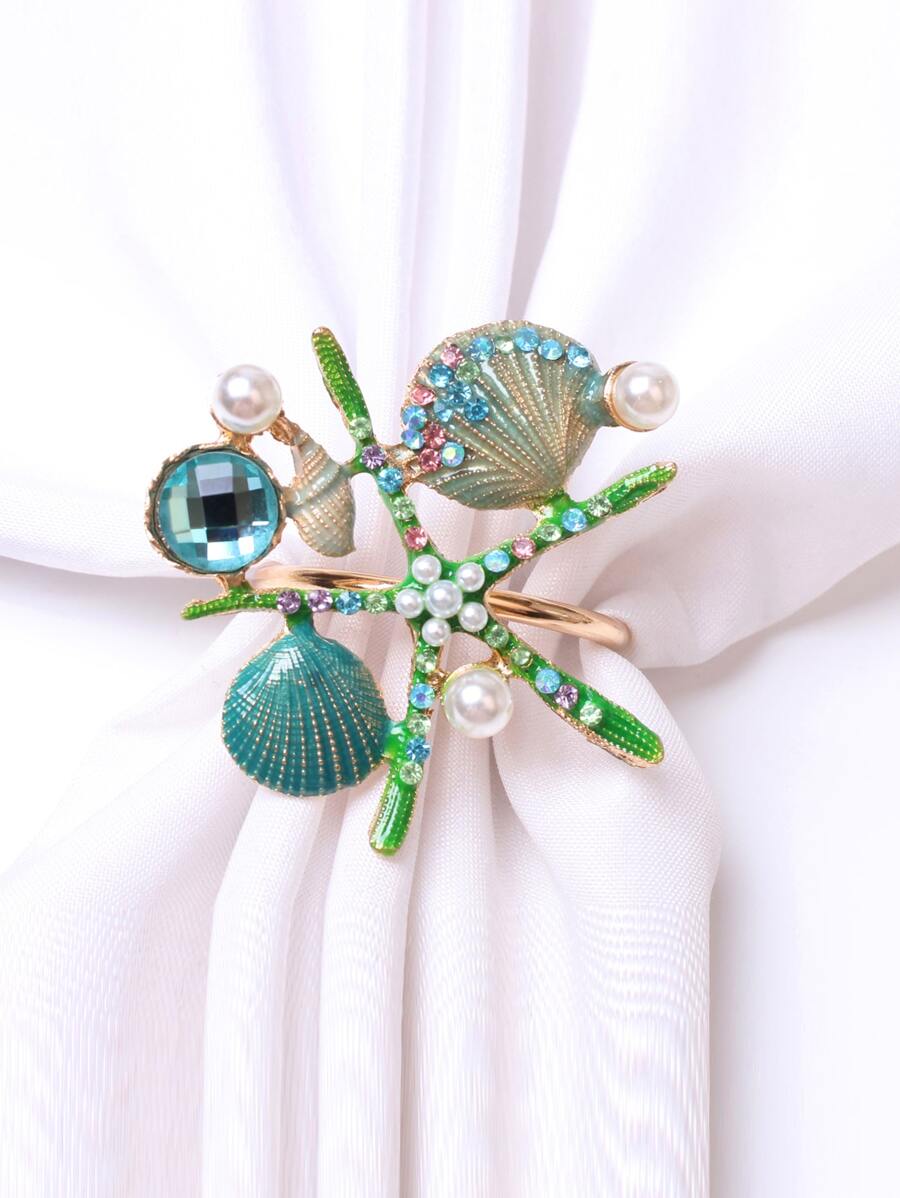 2 Chiếc Ngọc Trai Giả & Đá Trang Trí Vòng Khăn Ăn Boho Hợp Kim Kẽm Sao Biển Trang Trí Khăn Ăn Giá Đỡ Nhẫn Cho Bàn Ăn, Bàn Làm Việc - Nhiều màu - Xem 1