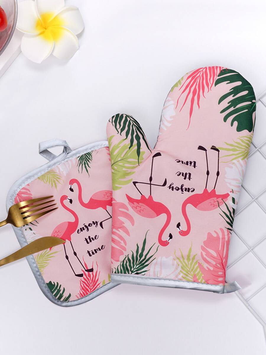 2入組火烈鳥圖案隔熱手套和隔熱墊套裝 - 彩色 - 查看 1