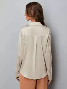 SHEIN Clasi Satin Solid Button Up Shirt - Beige - View 2