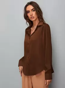 SHEIN Clasi Áo sơ mi satin trơn cài nút, áo dài tay - Màu nâu Sô-cô-la - Xem 3